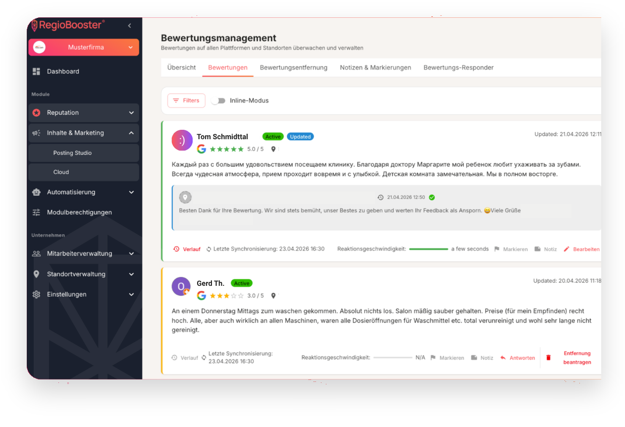 Bewertungsmanagement: Bewertungen über alle Standorte in einer zentralen Übersicht