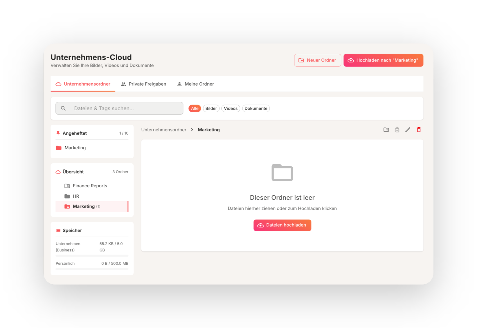 Cloud & Medien: zentrale Medienbibliothek mit Ordner-Ebenen in RegioBooster