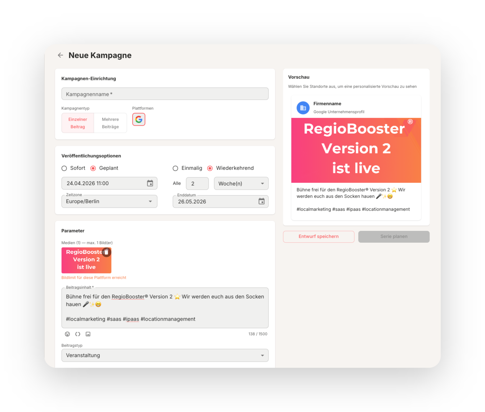 Posting Studio: Neue Kampagne mit Variablen pro Standort und Live-Vorschau