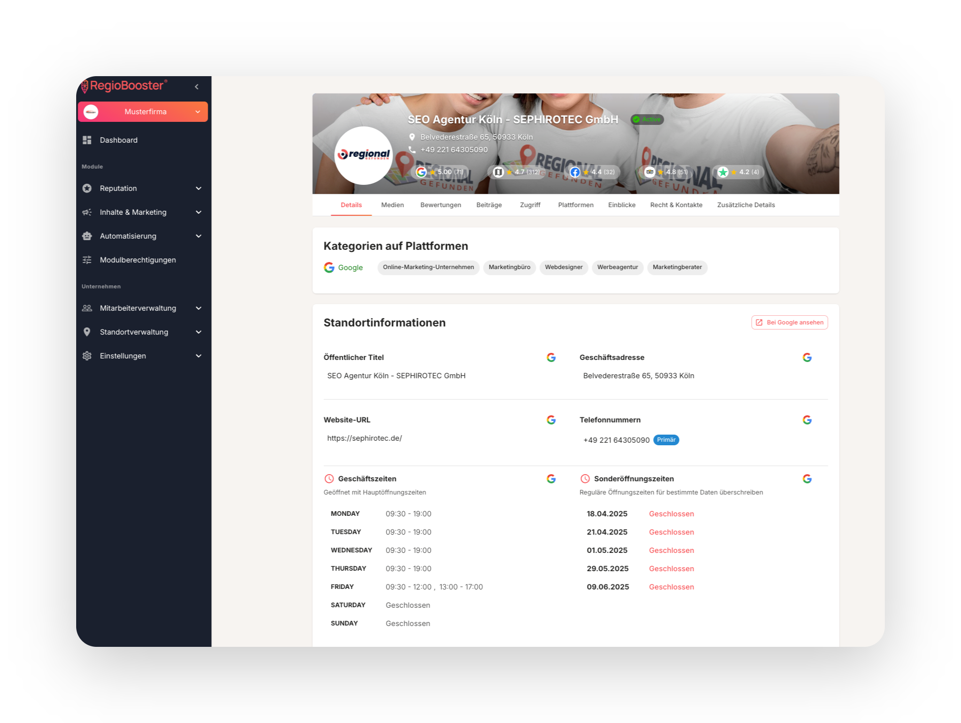 Standortverwaltung: Standort-Detailseite mit neun Registerkarten in RegioBooster