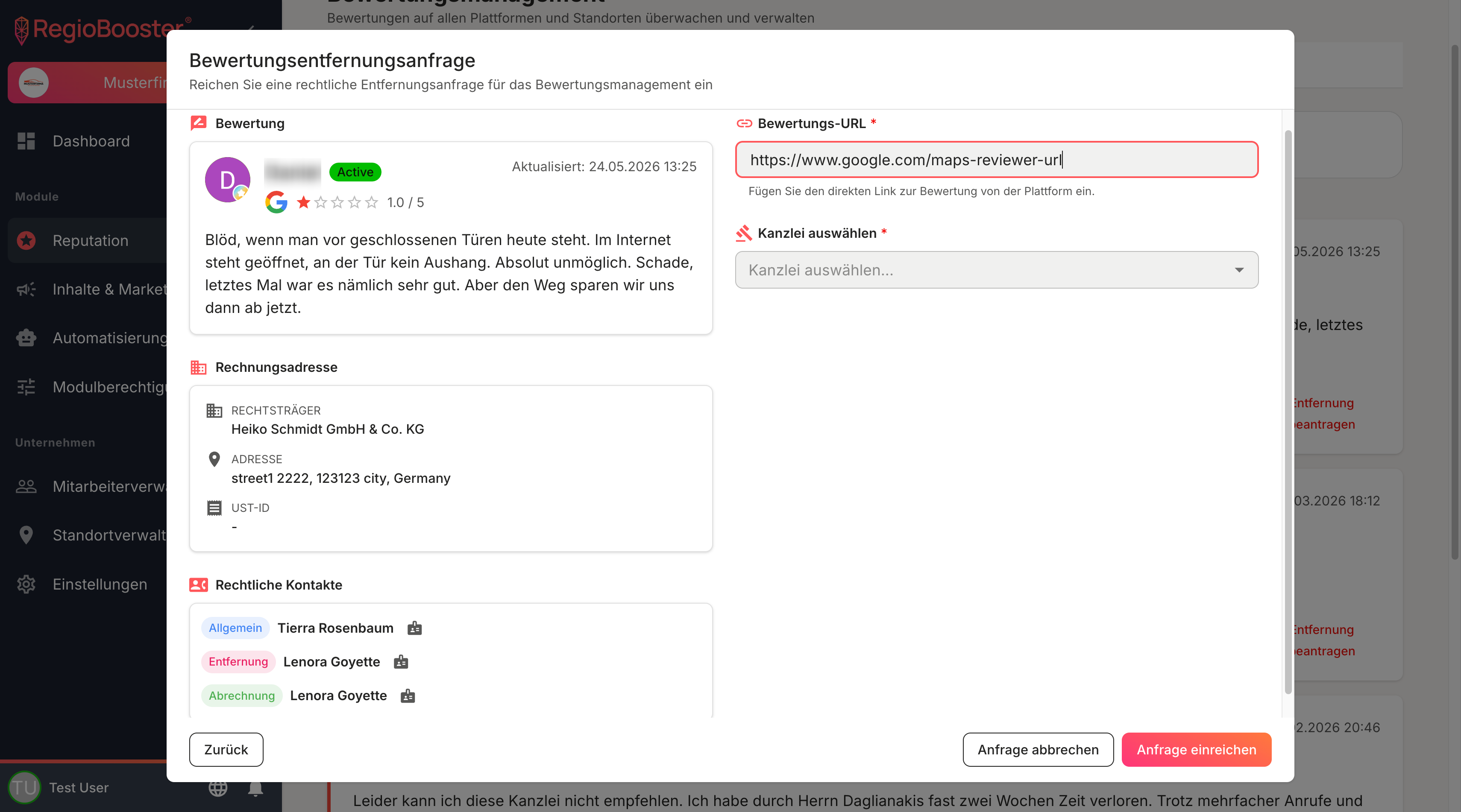 Bewertungsentfernungsanfrage in RegioBooster: Bewertung, Rechnungsadresse, Kanzlei auswählen, Anfrage einreichen